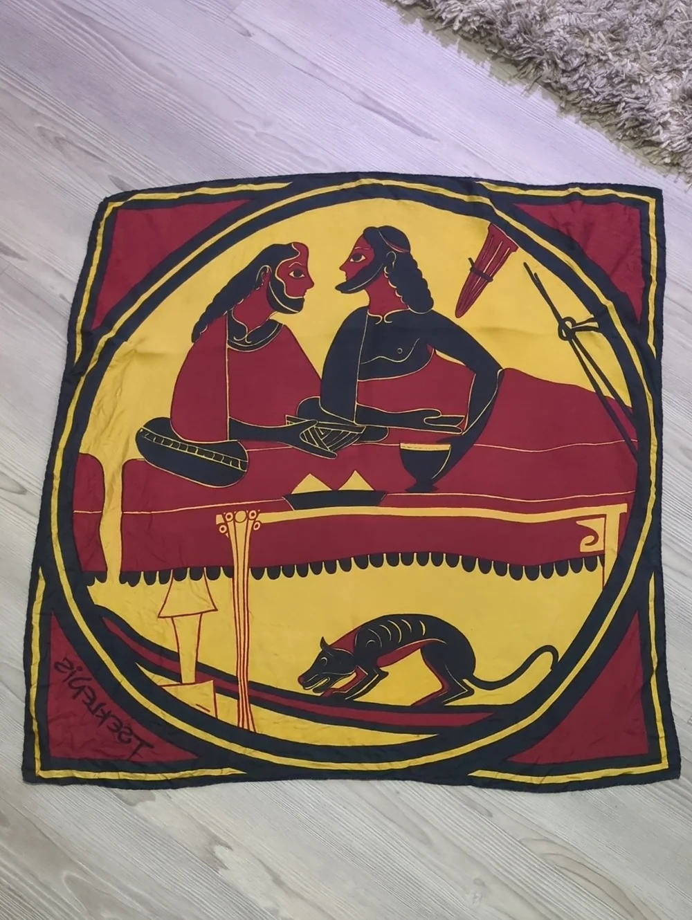 Vintage Yannis Tseklenis Metaxa Greek Banquet Scene Scarf Signed Ancient Art